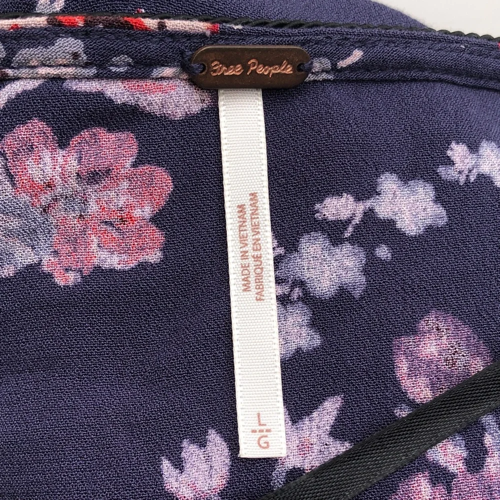 Free People Navy Floral Tie-Front Blouse with Black Sheer Sleeves